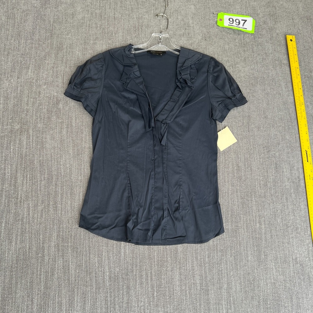BCBGMAXAZRIA Shirt Top Womens S Black Ruffle Front Short Sleeve Luxury Fashion